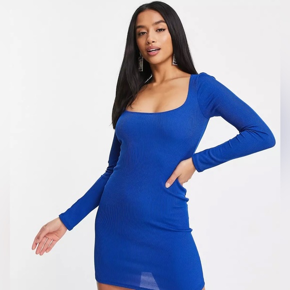 Flounce London Petite scoop neck ribbed mini dress in cobalt - Picture 1 of 4